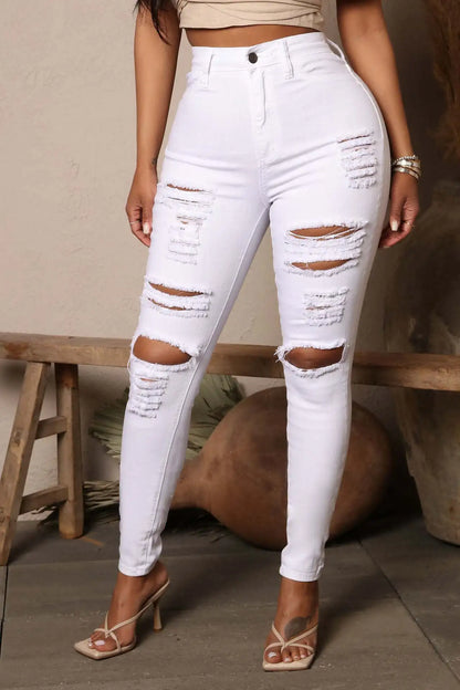 High-Waist Skinny Denim Ripped Jeans