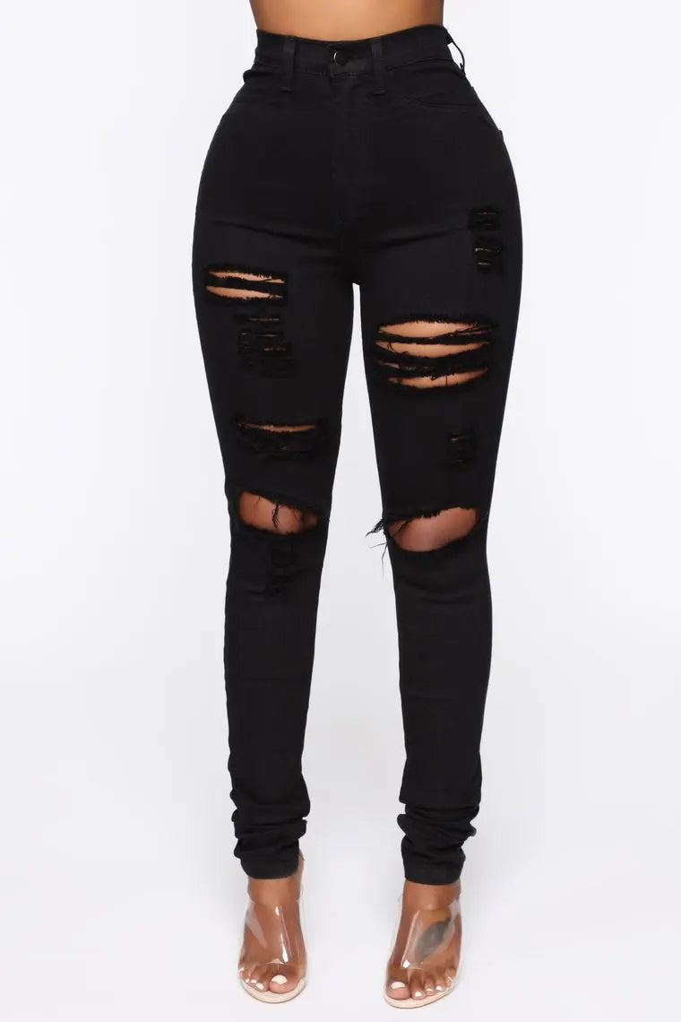 High-Waist Skinny Denim Ripped Jeans