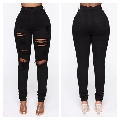 High-Waist Skinny Denim Ripped Jeans